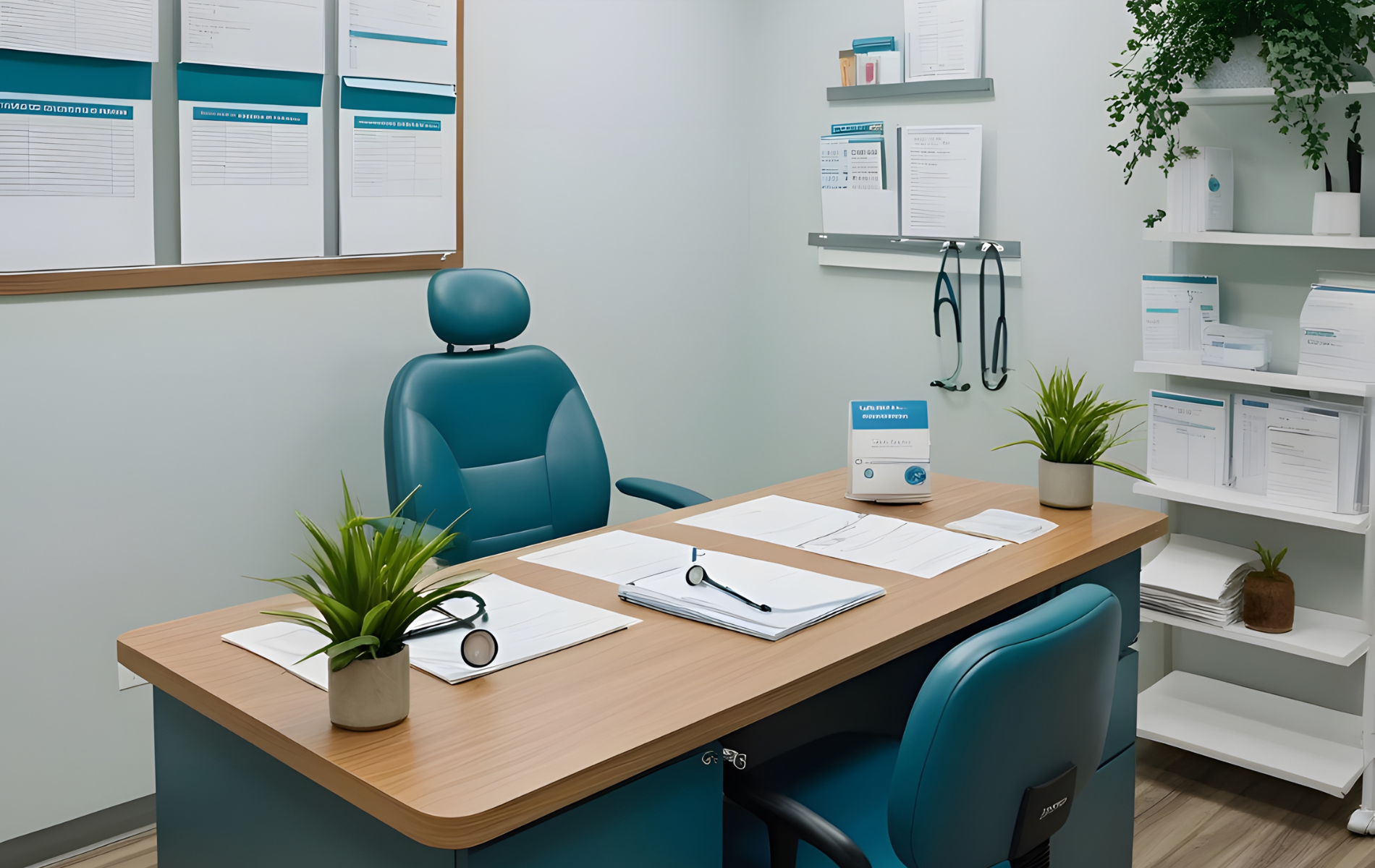 Doctor's office: teal chair,