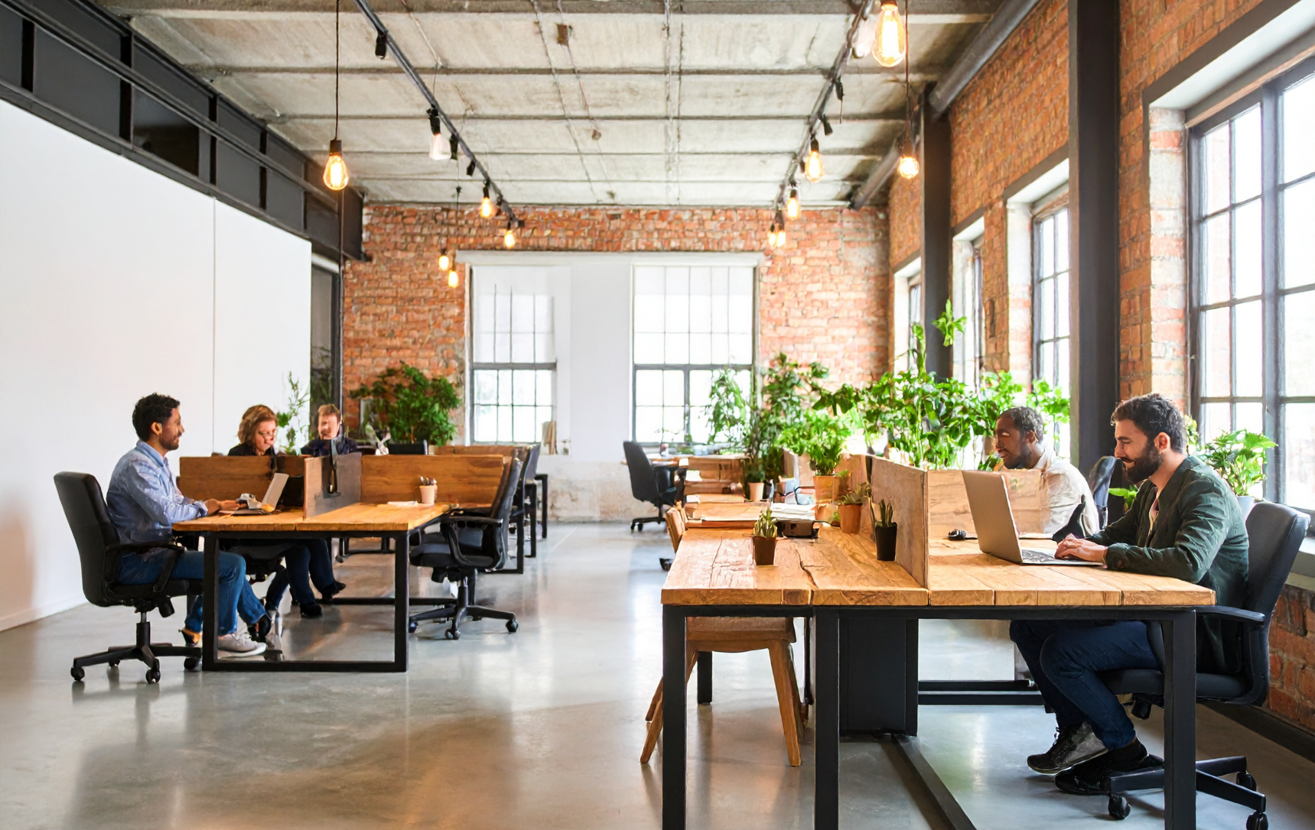 Open-plan office with people working on laptops at wooden desks, red brick walls, and plants.