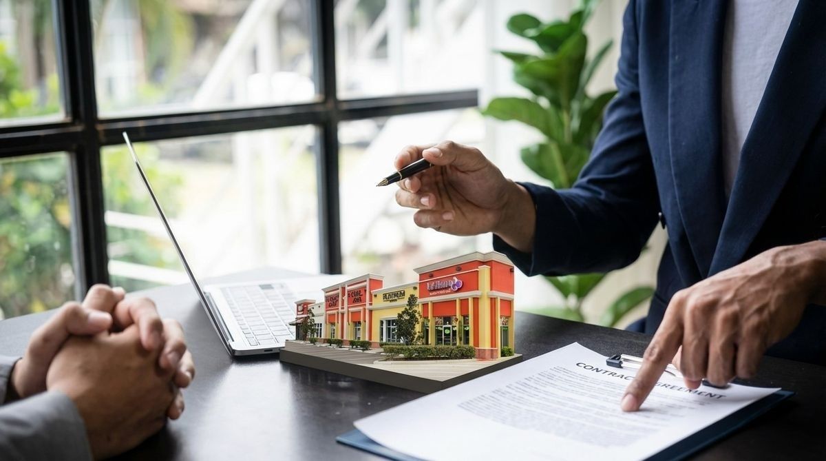 Open-plan office with people working on laptops at wooden desks, red brick walls, and plants.