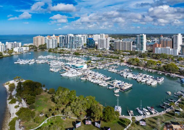 Aerial view of a marina filled with boats, with a city skyline in the background.