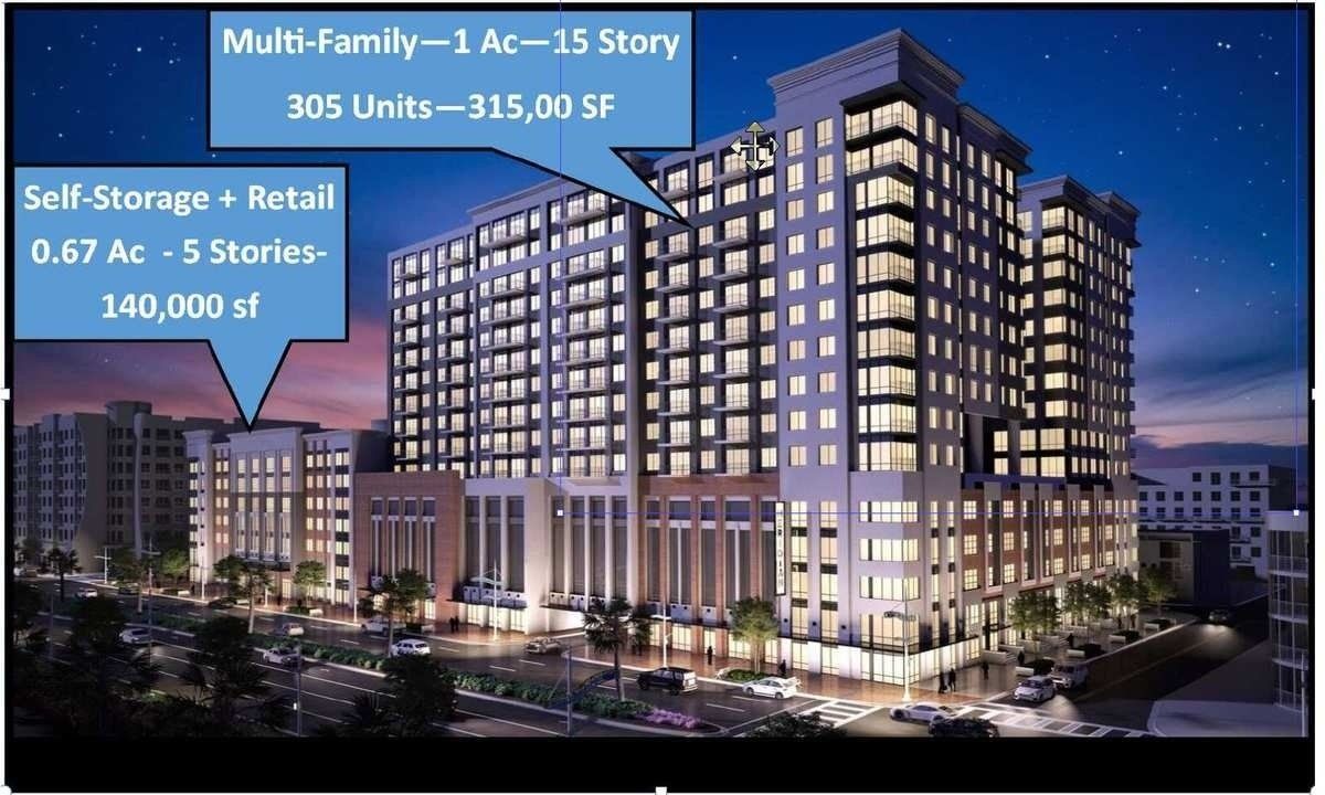 Night rendering of a proposed multi-family apartment complex with illuminated towers and parking lot
