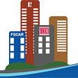 Skyscrapers in a city skyline. Buildings of various colors: blue, brown, red, and grey; with logos