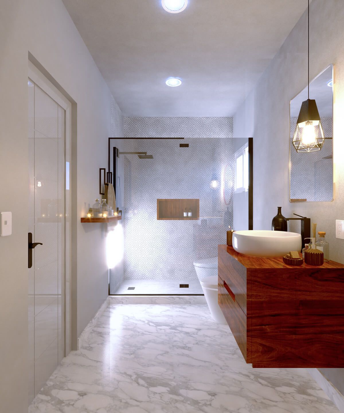 Modern bathroom with marble flooring, glass shower, wooden vanity, and decorative lighting.