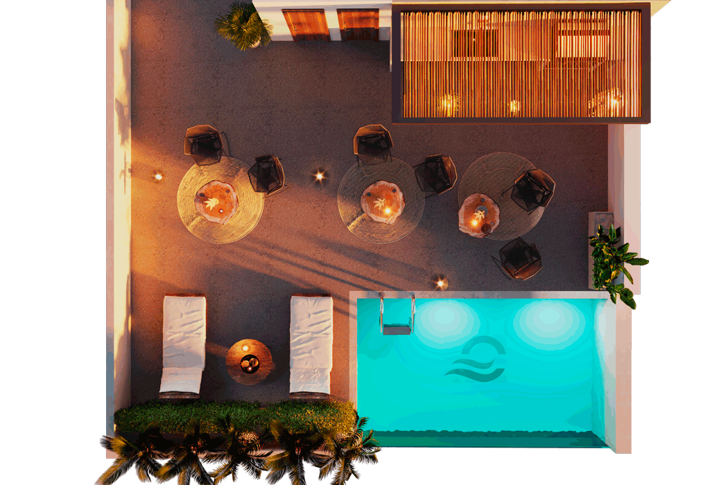 Overhead view of a luxurious outdoor space with a pool, seating areas, and a covered structure; soft lighting.