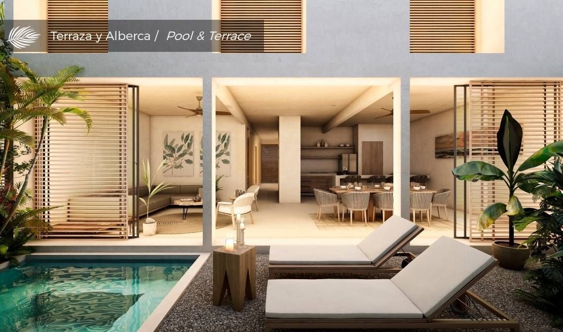 Outdoor lounge area with a pool, two lounge chairs, and an open-concept living space.