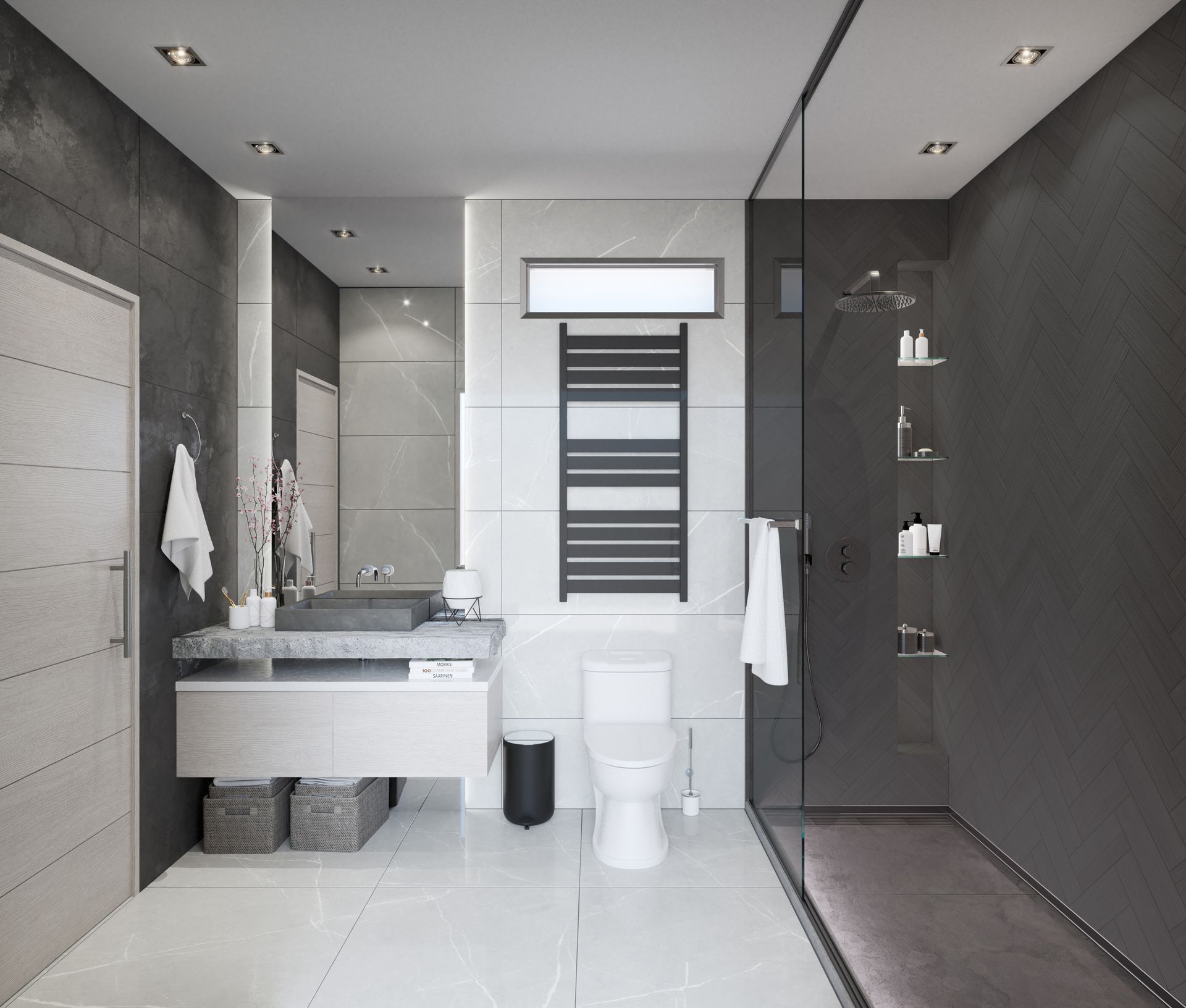 Modern bathroom with gray and white color scheme, shower, toilet, and vanity.