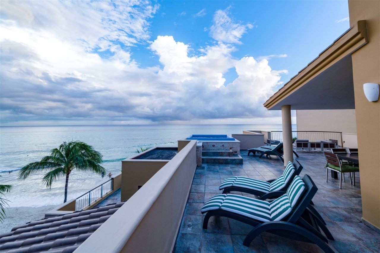 Rooftop patio overlooking the ocean with lounge chairs, a small pool, and a palm tree. Cloudy sky.
