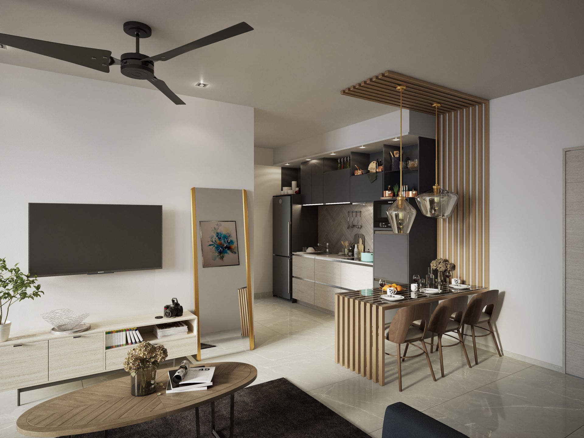 Living room with open kitchen; TV, sofa, dining table, and bar. Neutral tones with wood accents.
