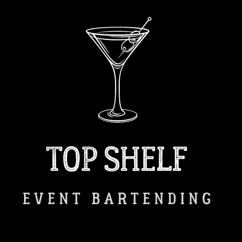 The logo for top shelf event bartending shows a martini glass with a cherry on top.