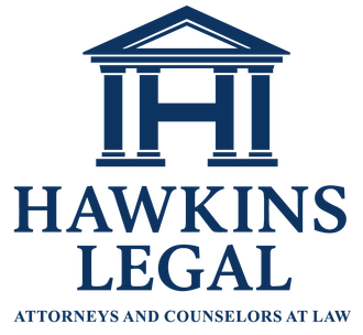 Hawkins Legal logo: Blue courthouse icon over