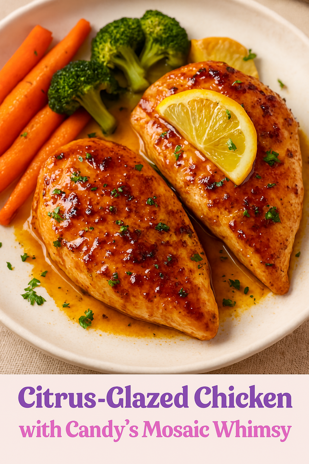A plate of citrus glazed chicken with candy 's mosaic whimsy.