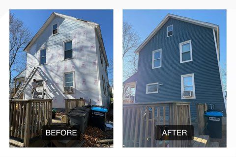Side-by-side before-and-after of a house exterior repaint, from white and worn to blue and refreshed.