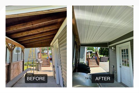Covered porch before-and-after view showing a roof repair and finished ceiling.
