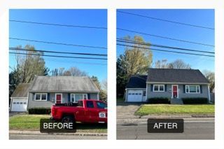 Before-and-after of a small house: red siding changed to dark gray, with a red truck in front of the before shot.