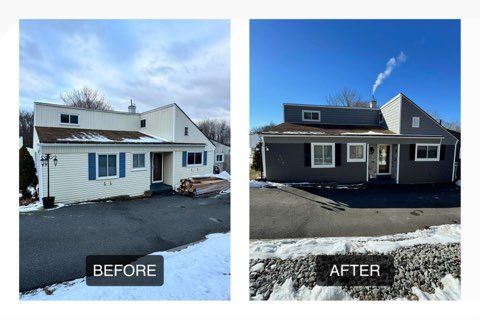 Before-and-after of a house exterior: white siding changed to dark siding with black trim and roof.