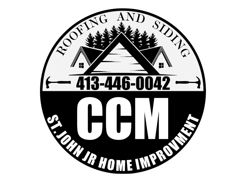 CCM roofing and siding logo with phone number 413-446-0042 and St. John Home Improvement text