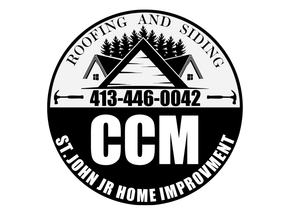 CCM roofing and siding logo with phone number 413-446-0042 and St. John Home Improvement text