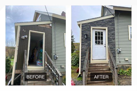 Before-and-after view of a shed entry: old doorway replaced with a white front door and steps.
