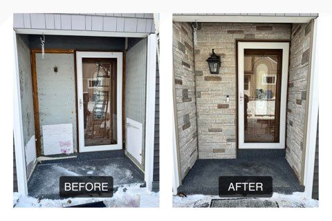 Before-and-after view of a front porch with new brick siding and a lantern added around the door.