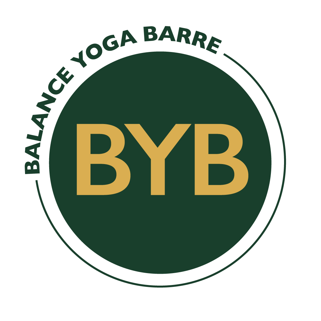 A gold "BYB" monogram centered on a dark green circle, with "BALANCE YOGA BARRE" arched along the top.