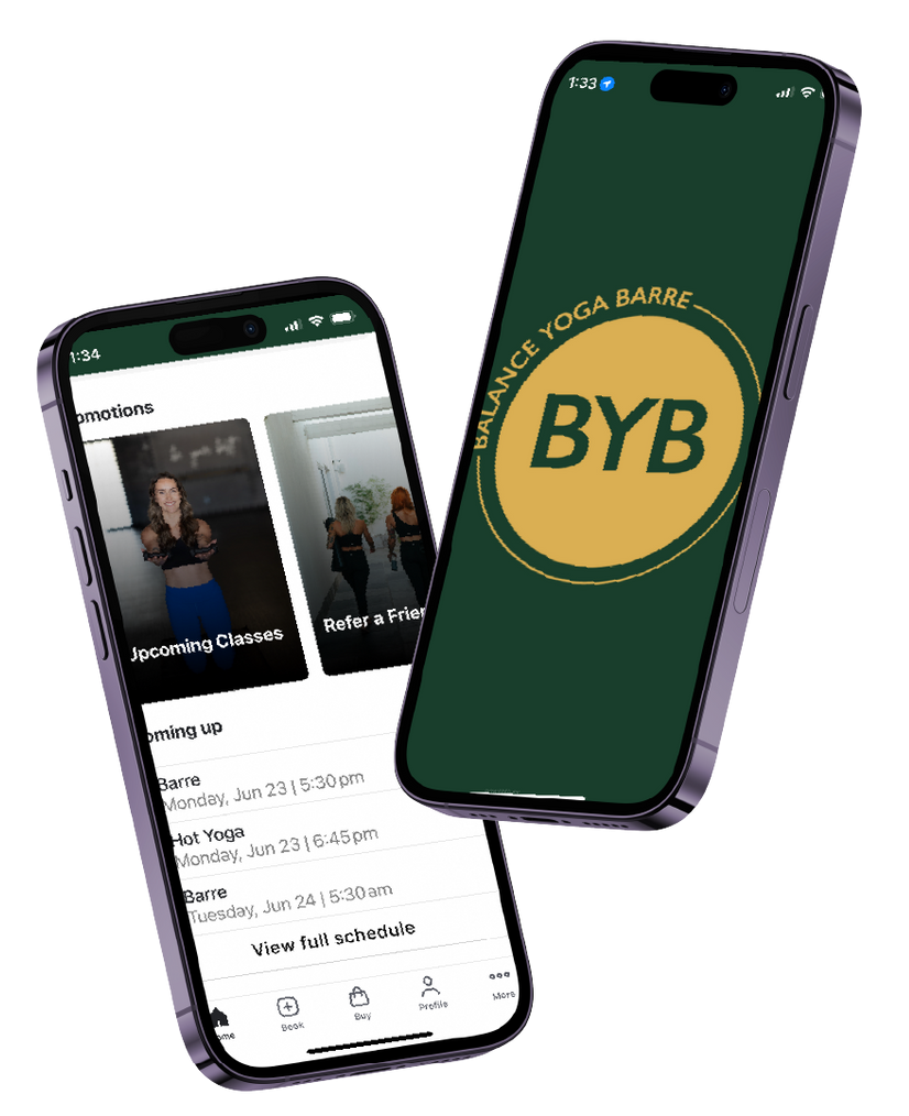 Two smartphones displaying a fitness app interface, one showing a branded logo and the other a schedule of yoga classes.