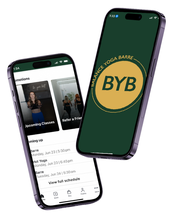 Two smartphones displaying a fitness app interface, one showing a branded logo and the other a schedule of yoga classes.