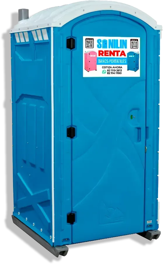Un baño portátil azul con un cartel que dice sanilin renta