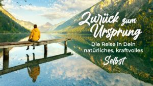 Mann am see auf einem Steg, Berge und wolken im Hintergrund