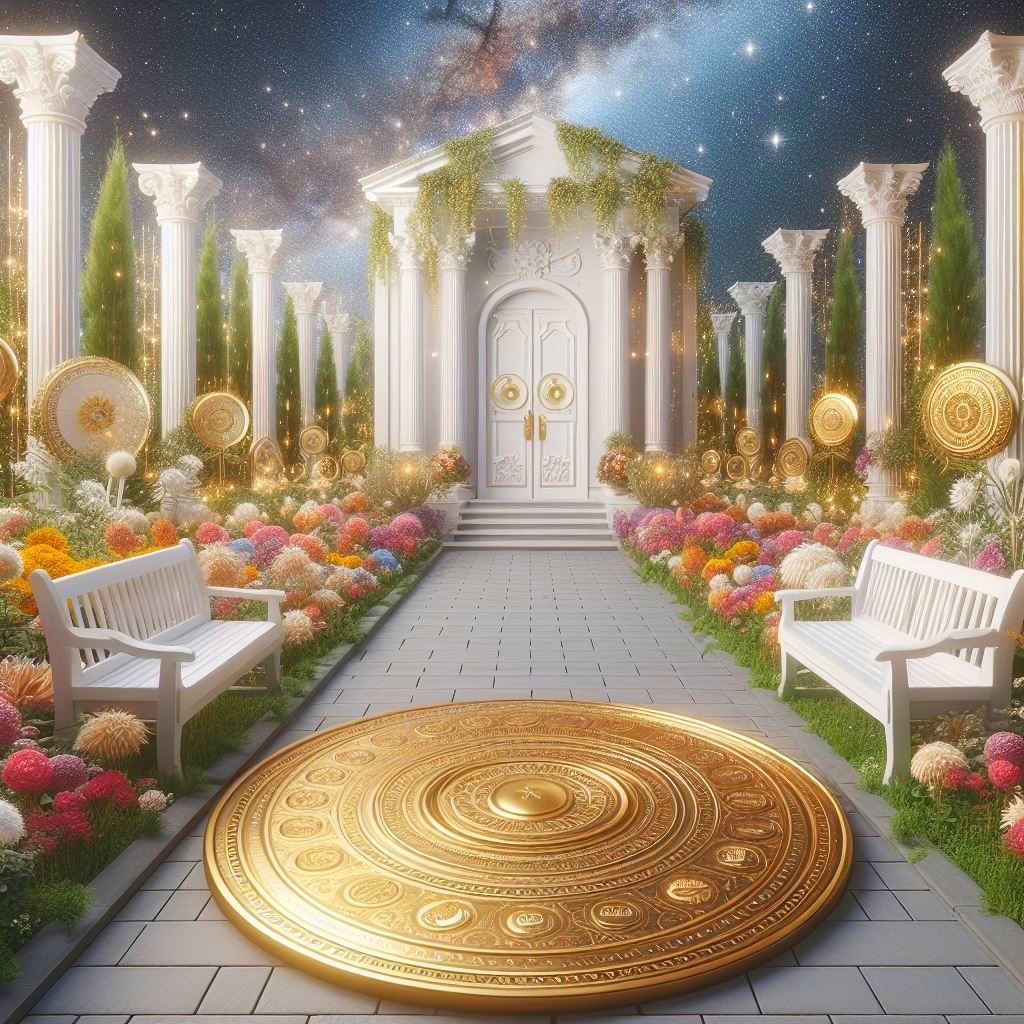 Weg zu einer großen Tür mit Säulen und Goldene Platte