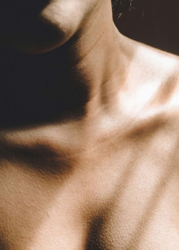 Woman skin close up with shadows across neck