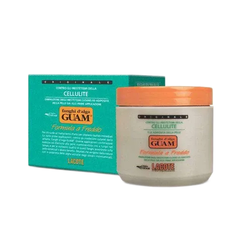 Guam cellulite treatment jar and box, white and orange container, teal box with text.