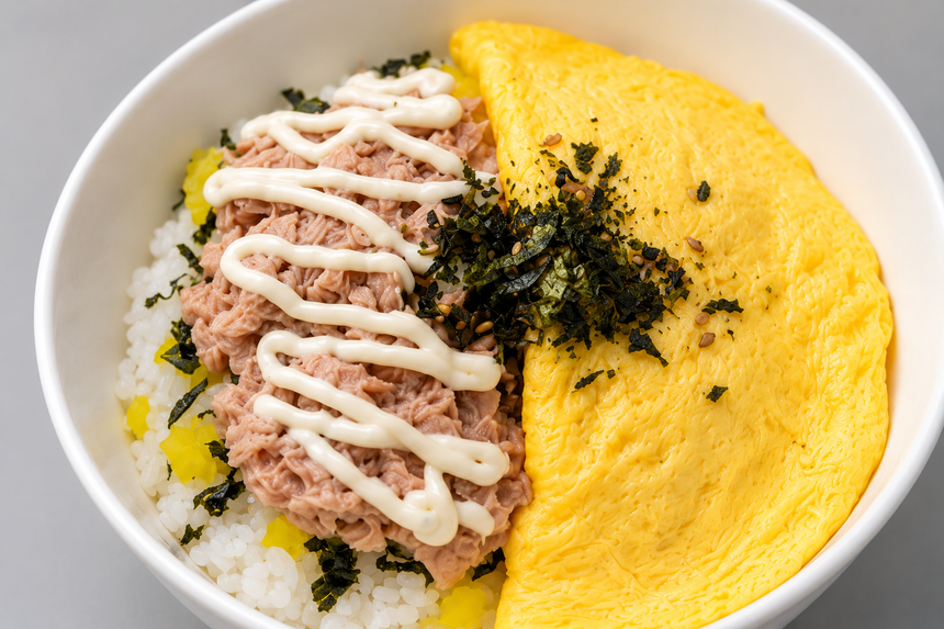 A bowl of rice topped with omelet and tomato sauce, garnished with herbs, on a gray background