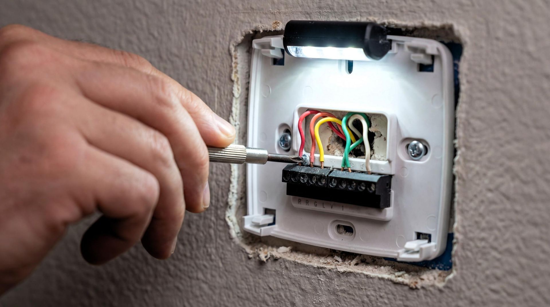 Hand holding screwdriver at an open wall electrical box with exposed colored wires under a light.