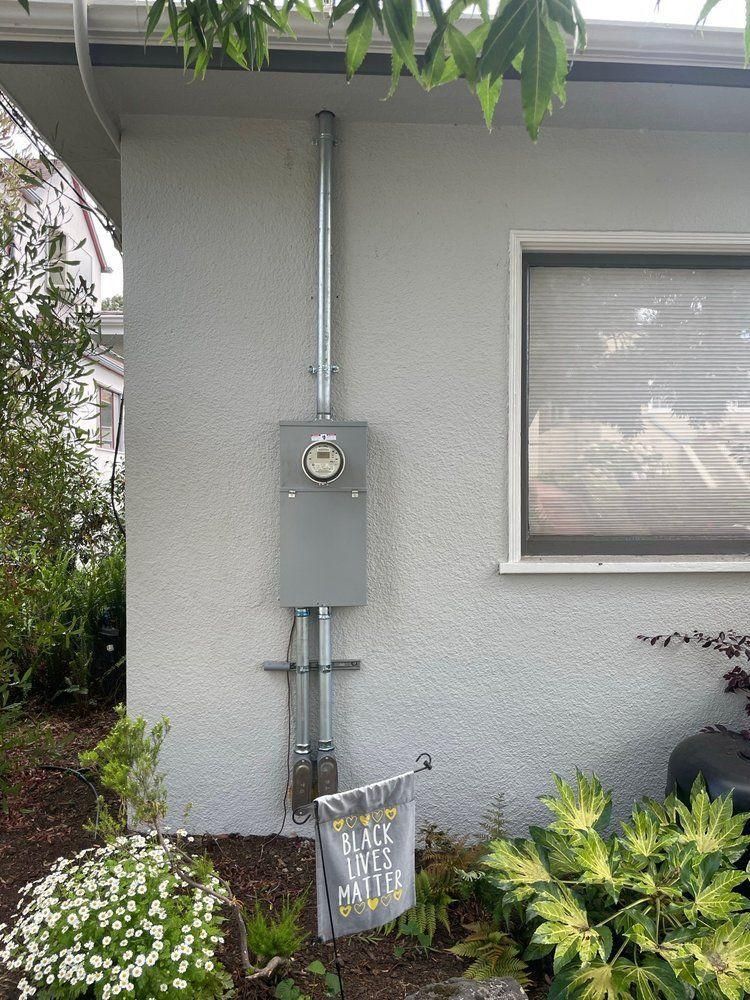 Gray utility meter box and conduit on a stucco house wall beside white flowers and a leafy plant.