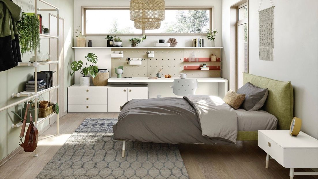 Camera da letto con letto, scrivania, scaffalatura, piante e luce naturale.