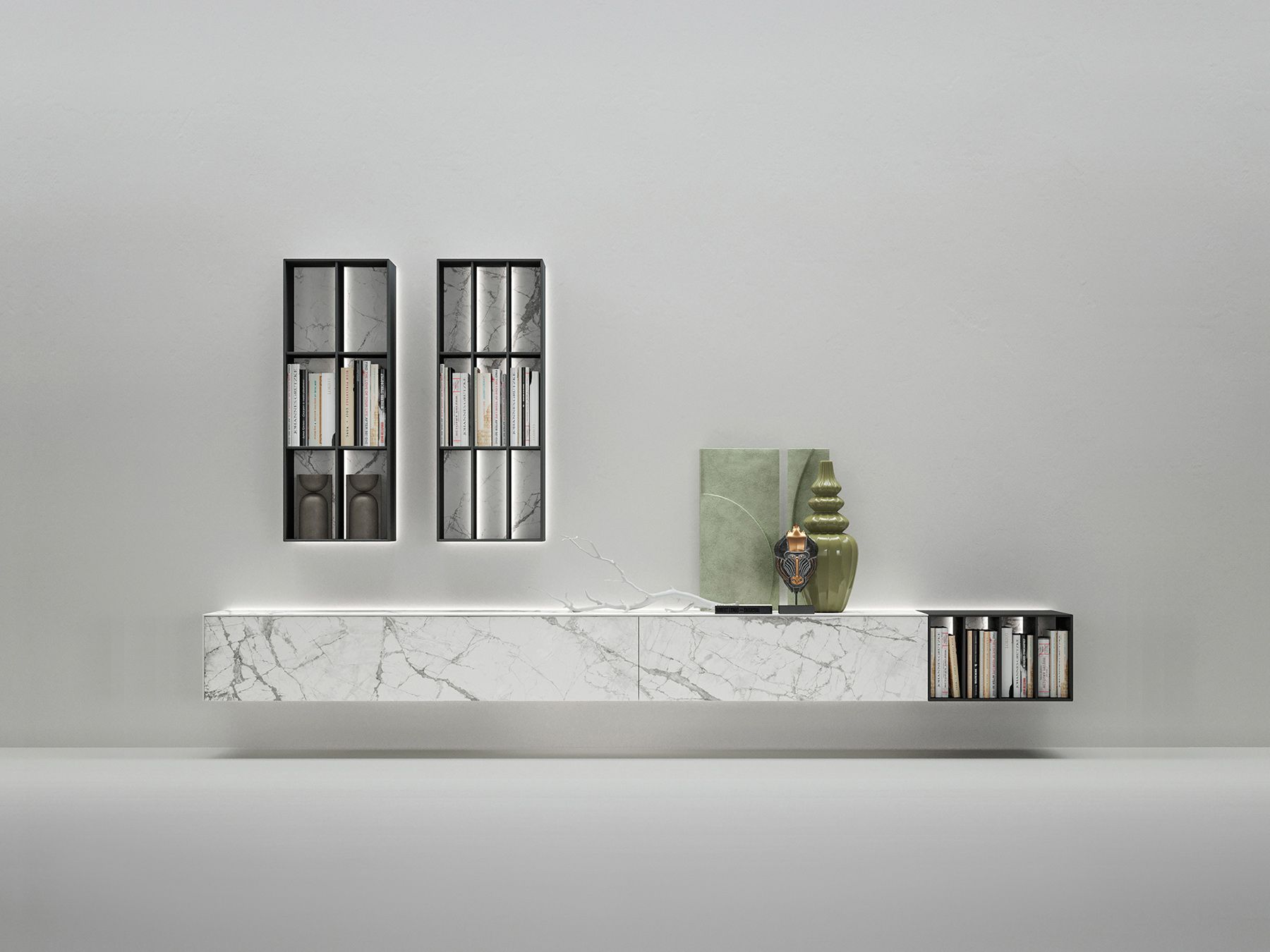 Moderna parete attrezzata in marmo bianco con ripiani neri ed elementi decorativi.