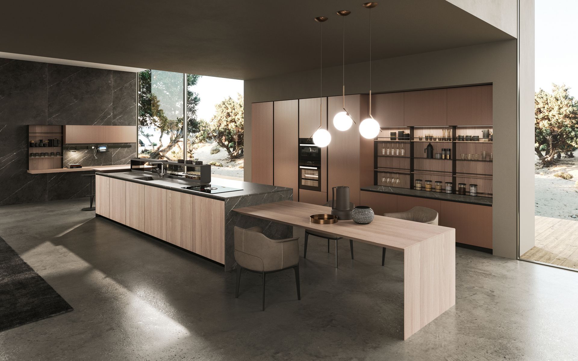 Cucina moderna con isola e mobili in legno chiaro, tavolo da pranzo e ampie finestre.
