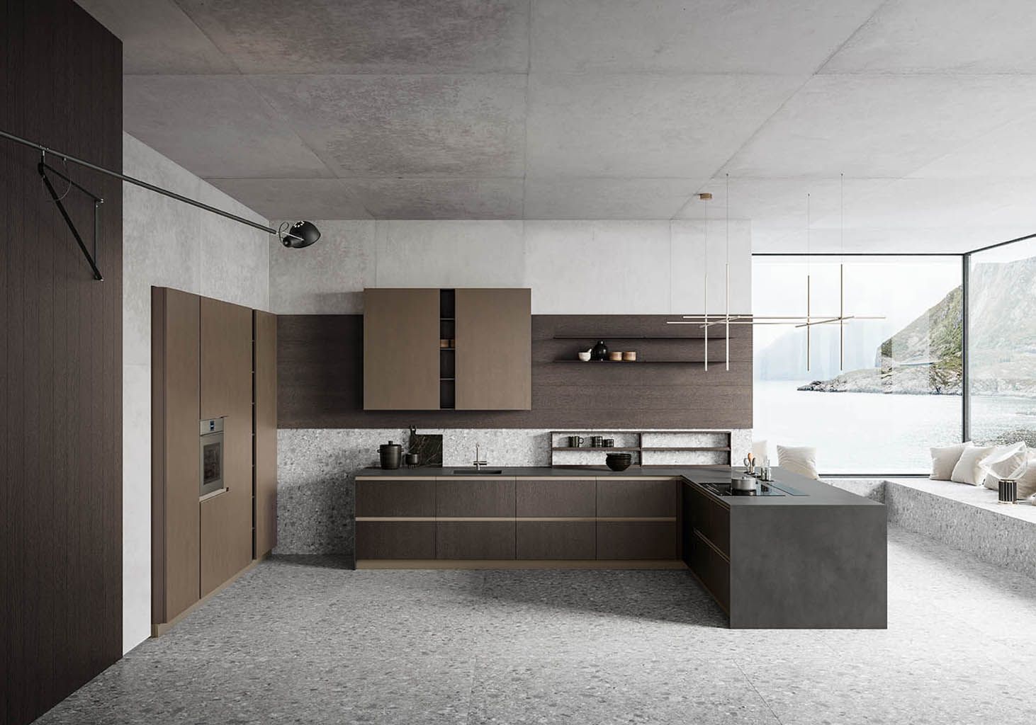 Cucina moderna con mobili marroni, ripiani grigi e ampia finestra con vista sull'acqua.
