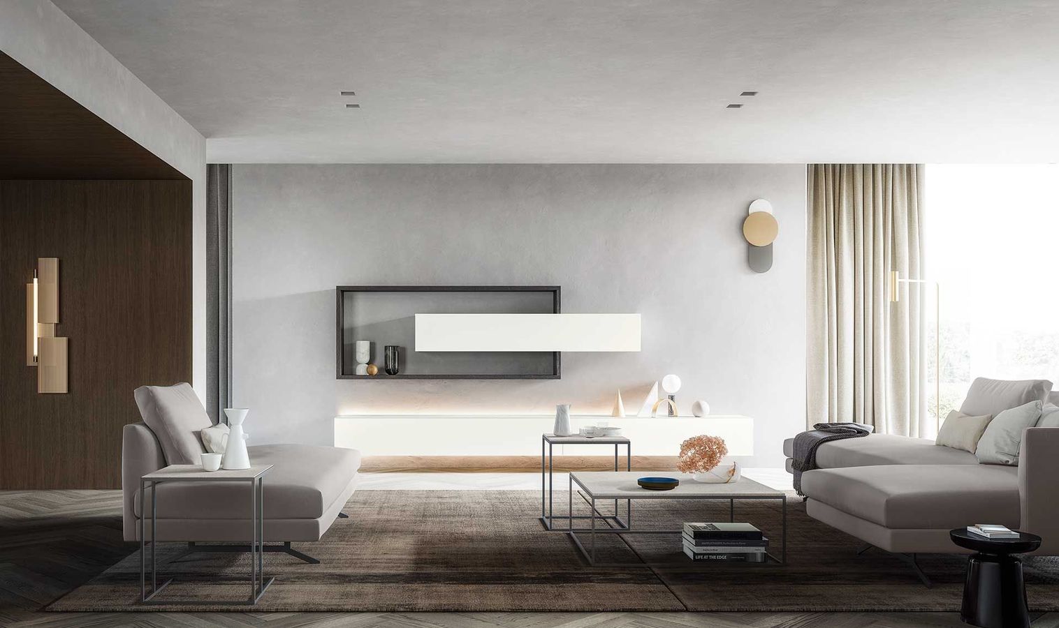 Soggiorno moderno con mobili grigio chiaro, colori neutri e decorazioni geometriche alle pareti.