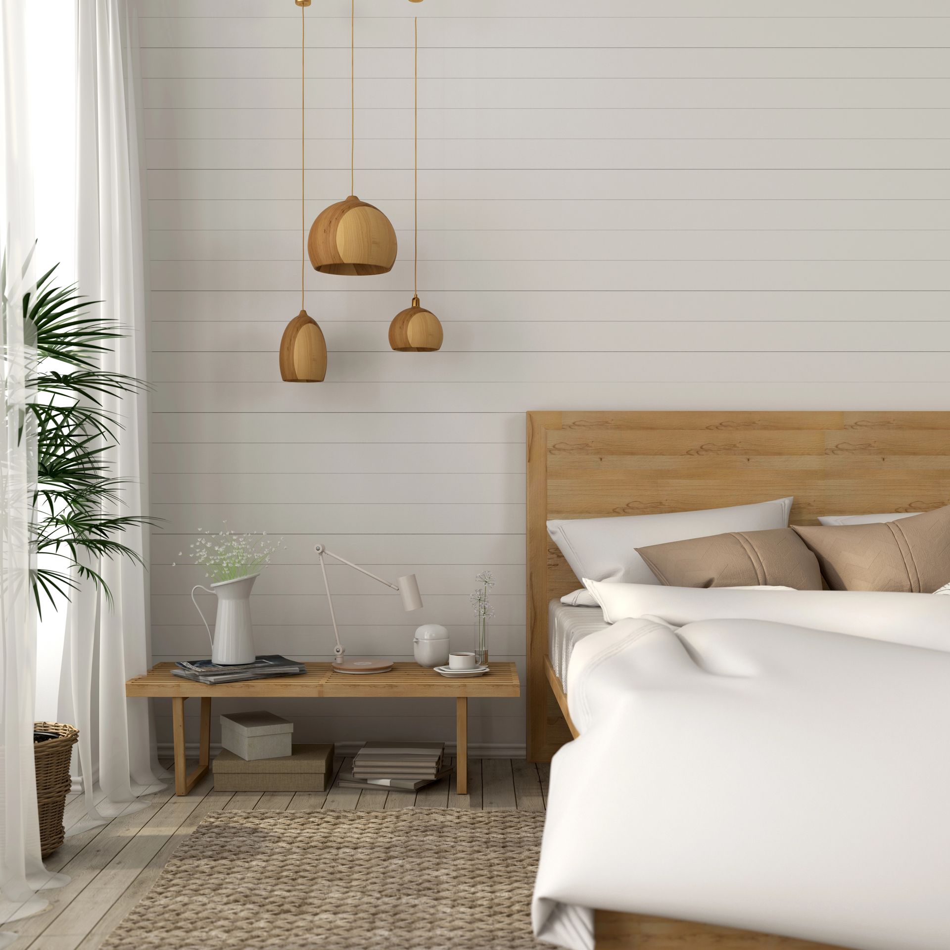 Camera da letto con letto in legno, comodino, lampade a sospensione e ampia finestra con tende trasparenti.