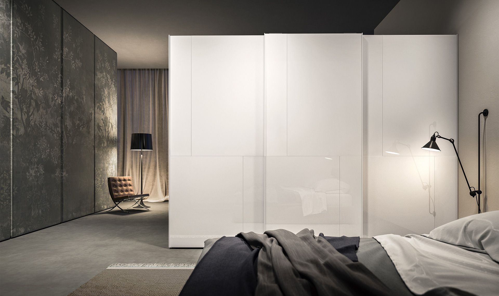 Camera da letto moderna con armadio bianco, letto, sedia e pareti grigie testurizzate.