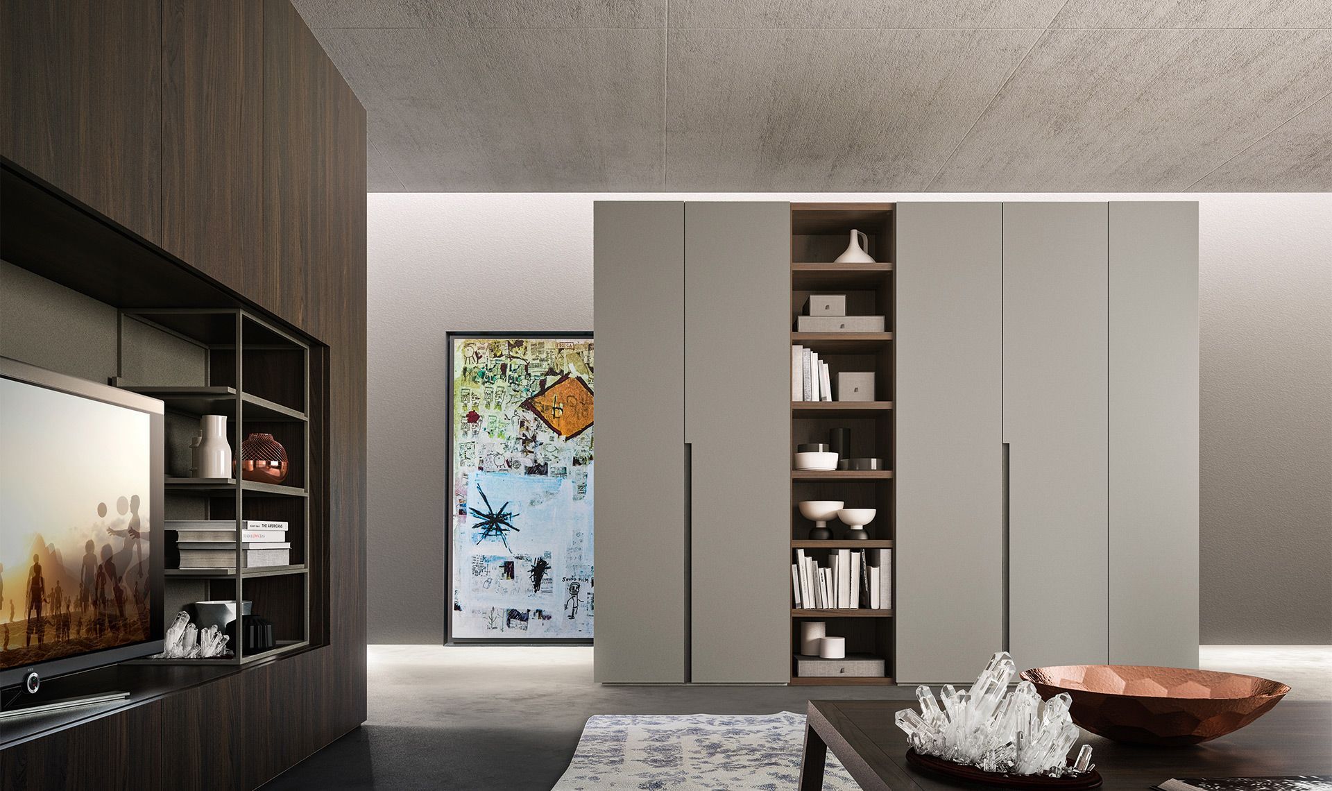 Soggiorno moderno con spazio di archiviazione incorporato e opere d'arte astratta; toni neutri.