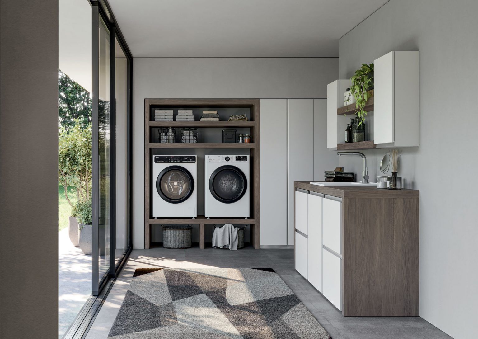 Bagno moderno con doccia, mobile lavabo e ripiani a vista. Pareti grigie, mobile lavabo beige, grande specchio.