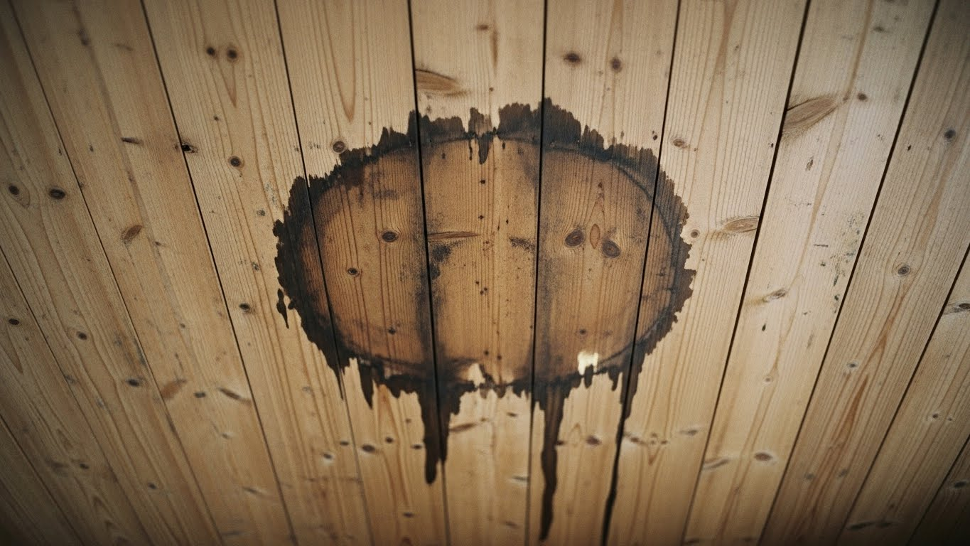 Water-stained wooden ceiling with a dark, circular leak mark centered overhead
