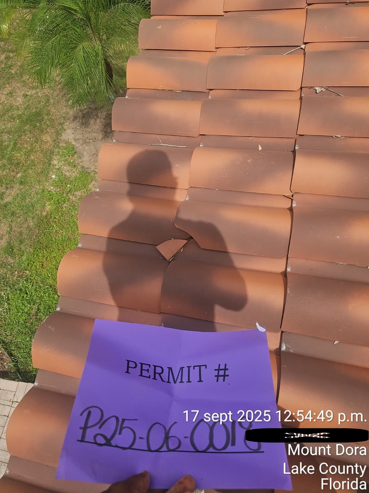 Shadow of a person on terracotta roof tiles, holding a purple permit with a permit number.
