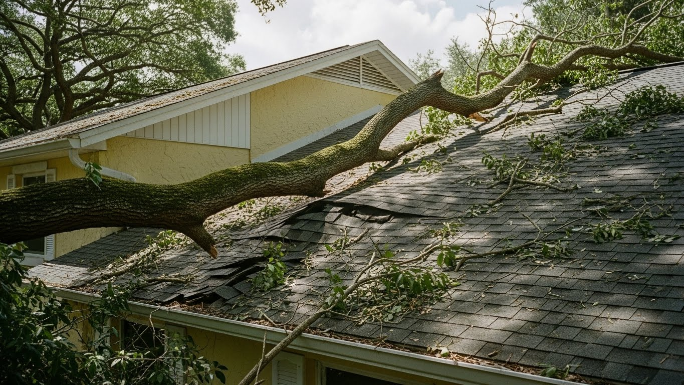 Roof with a large fallen tree branch over it in a leafy residential yard