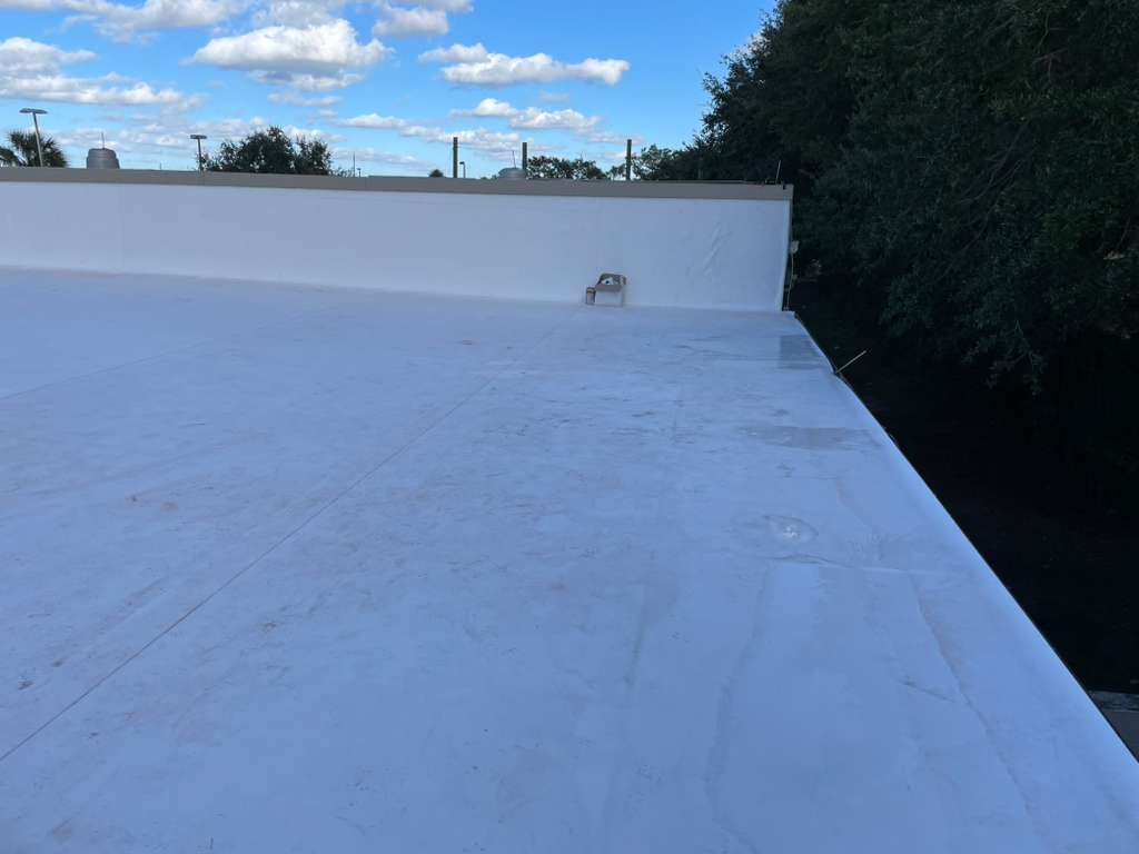 White flat roof with edge, blue sky, and trees.