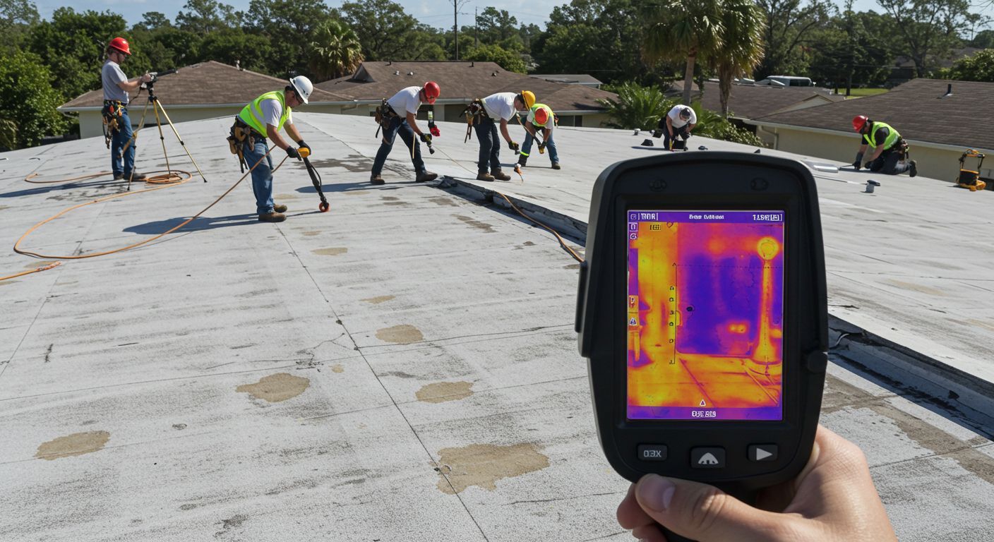 Roof inspection with thermal camera, workers in safety gear. Bright thermal image highlights potential issues.