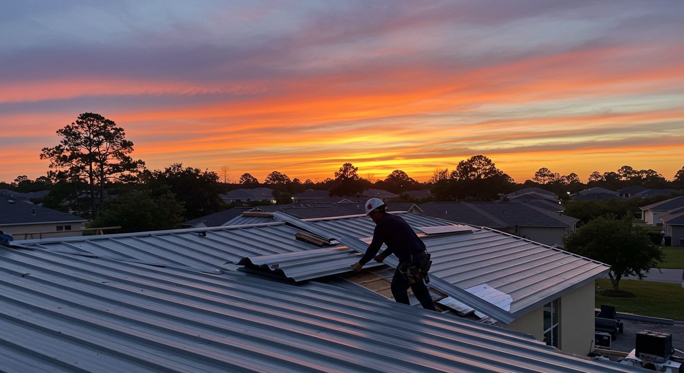 Roofer working on a metal roof at sunset. Orange and yellow sky with houses in the background.