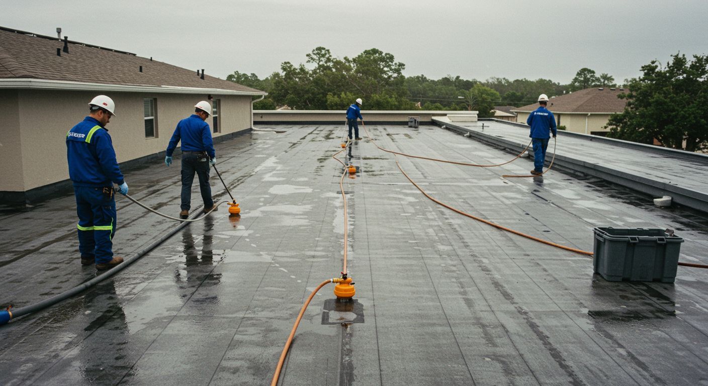 Workers in blue suits and hard hats on a flat, wet roof, likely inspecting or repairing it.